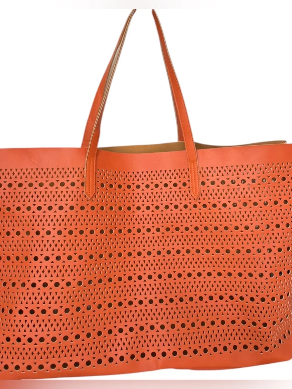 Saks Fifth Avenue Orange Geometric Perforated Lightweight Tote Bag Purse.